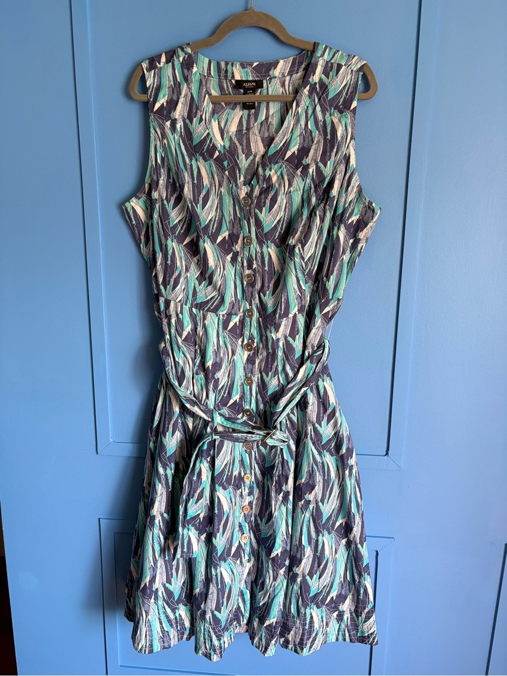 Plus Size Charming Alfani Sleeveless Button-Front Dress in Teal & Navy - 2XL